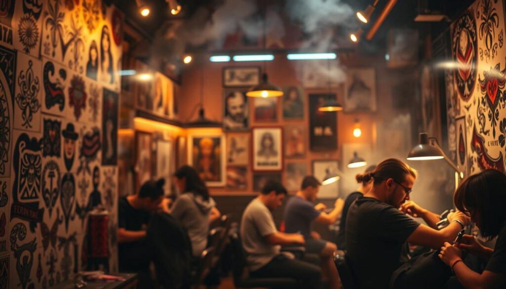 A vibrant tattoo parlor interior, bathed in soft, warm lighting that casts an inviting glow. The foreground features a diverse array of tattoo designs covering the walls, from bold tribal patterns to intricate floral motifs, showcasing the versatility of the medium. In the middle ground, a group of clients sit attentively as tattoo artists meticulously apply their ink, their expressions a mix of concentration and excitement. The background blurs into a hazy, atmospheric scene, with the faint sound of a tattoo gun humming in the air, capturing the electric energy of the viral tattoo phenomenon. A vibrant tattoo parlor interior, bathed in soft, warm lighting that casts an inviting glow. The foreground features a diverse array of tattoo designs covering the walls, from bold tribal patterns to intricate floral motifs, showcasing the versatility of the medium. In the middle ground, a group of clients sit attentively as tattoo artists meticulously apply their ink, their expressions a mix of concentration and excitement. The background blurs into a hazy, atmospheric scene, with the faint sound of a tattoo gun humming in the air, capturing the electric energy of the viral tattoo phenomenon.