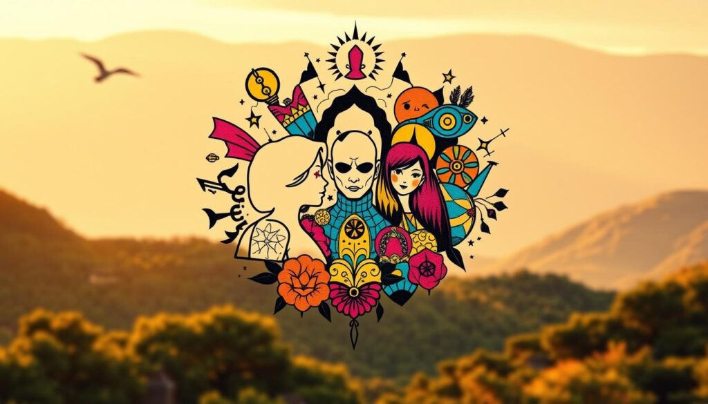 A vibrant trio of pop culture-inspired tattoo designs, showcasing a harmonious blend of iconic characters and symbols. In the foreground, a dynamic arrangement of three intertwined, hand-drawn silhouettes representing beloved figures from film, television, and music. The middle ground features a collage of vivid, hand-painted, psychedelic-inspired elements, including bold colors, abstract patterns, and celestial motifs. The background is a lush, textured landscape, evoking a sense of depth and dimension, with a warm, golden-hour lighting that casts a soft, ethereal glow over the entire composition. The overall aesthetic captures the energy, creativity, and nostalgia of the pop culture landscape, creating a visually striking and visually captivating tattoo design.