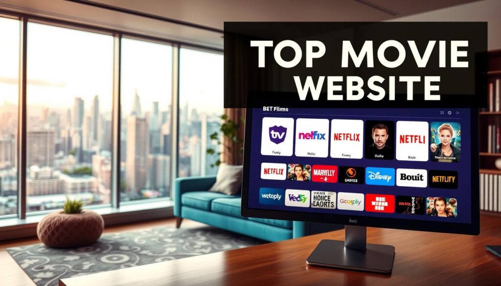A vibrant, visually engaging scene showcasing the top free movie websites. In the foreground, a sleek, modern desktop computer display presents various streaming platform logos, inviting the viewer to explore these free movie viewing options. The middle ground features a cozy living room setting, with a comfortable couch and a warm, soft lighting that sets a relaxed atmosphere. In the background, a panoramic window offers a scenic view of a bustling city skyline, hinting at the global accessibility of these free movie resources. The overall composition conveys a sense of convenience, discovery, and the freedom to enjoy films without financial constraints, aligning with the article's subject and section title.