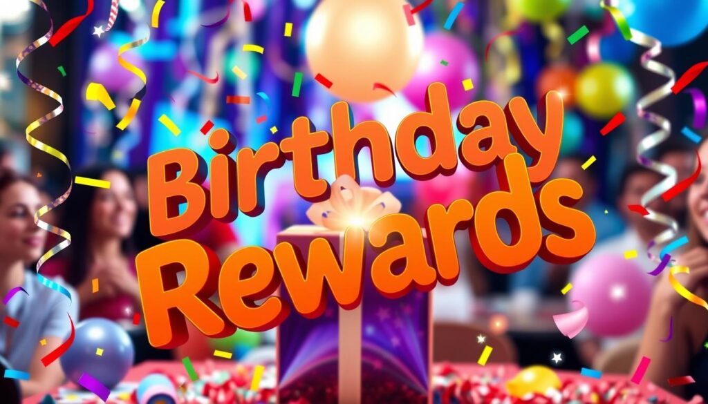 A vibrant, visually striking "Birthday Rewards Sign Up" banner set against a festive backdrop. In the foreground, a bold, eye-catching typographic design featuring the call-to-action "Sign Up for Free Birthday Rewards" in a warm, celebratory palette. The lettering is surrounded by a playful arrangement of party streamers, confetti, and colorful balloons that seem to float and dance, creating a sense of excitement and anticipation. In the middle ground, a gleaming gift box or present, hinting at the rewards and surprises awaiting those who sign up. The background features a blurred, out-of-focus celebration scene, with hints of streamers, balloons, and people enjoying the festivities. The overall mood is one of joy, celebration, and the promise of exclusive birthday perks and freebies.