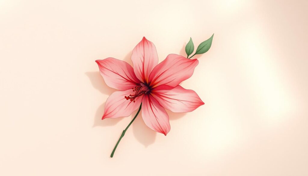 A vibrant watercolor tattoo design featuring a delicate floral motif. The petals are rendered in soft, fluid brushstrokes, their edges gently blurred to convey a sense of ethereal movement. The composition is balanced, with the flowers positioned centrally against a neutral, textured background that enhances the organic feel. Warm, natural lighting casts subtle shadows, adding depth and dimension to the design. The overall aesthetic is one of artistic expression, capturing the beauty and imperfections inherent in the watercolor medium. This image beautifully embodies the theme of embracing self-expression through unique, personalized tattoo styles.