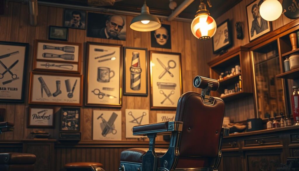 A vintage barber shop interior, with a classic red-and-white barber's pole illuminating the scene. In the foreground, an ornate, chrome-plated barber chair stands as the centerpiece, its leather upholstery worn and weathered. On the walls, framed illustrations and sketches of traditional barber tattoos - razors, shaving mugs, scissors, and the iconic barber's comb - create a tapestry of the craft's heritage. Soft, warm lighting casts a nostalgic glow, while the shadows reveal intricate wood paneling and antique shelves stocked with grooming supplies. The atmosphere evokes a sense of timeless craftsmanship and the enduring art of the barber's trade.