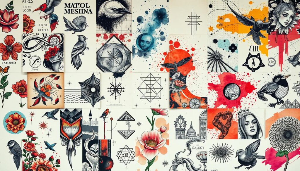 A visually captivating collage of various tattoo styles, ranging from bold, graphic designs to intricate, delicate patterns. The foreground features a striking blend of traditional, neo-traditional, and watercolor tattoos, seamlessly interwoven to create a harmonious patchwork. In the middle ground, abstract geometric shapes, fine line work, and minimalist motifs intersect, while the background showcases vibrant splashes of color and texture, evoking a sense of artistic freedom and personal expression. The overall composition is captured under soft, diffused lighting, creating a dreamlike, gallery-like atmosphere that invites the viewer to explore the alluring, eclectic mix of tattoo design ideas.