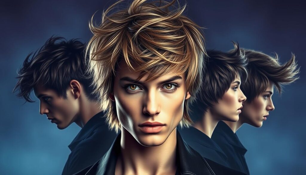 A visually captivating progression of the iconic wolf cut hairstyle, showcasing its evolution from a shaggy, layered look to a bold, mullet-inspired style. The foreground features a striking, close-up portrait of a model with voluminous, textured hair in a modern wolf cut, their gaze intense and alluring. The middle ground reveals a series of stylized, overlapping profiles, each representing a distinct phase in the wolf cut's transformation, from the softer, wispy shag to the edgier, asymmetrical mullet. The background is a moody, atmospheric blend of deep blues and purples, evoking a sense of timeless elegance and fashion-forward flair. Dramatic lighting accentuates the dynamic movement and dimensional texture of the hair, creating a captivating and aspirational visual.