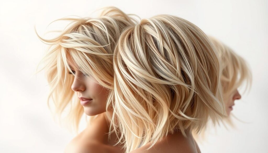 A visually striking and meticulously crafted image of the evolution of trendy layered hairstyles, captured with a cinematic, high-resolution lens. The focal point is a mesmerizing display of various blonde wolf cut styles, from wispy, tousled layers to bold, volumized shags. The background features a softly blurred, pastel-tinted gradient, creating a dreamlike, fashion-forward atmosphere. Subtle lighting accentuates the movement and texture of the hair, drawing the viewer's eye to the intricate interplay of shapes and dimensions. The overall composition exudes a sense of sophisticated, contemporary allure, perfectly suited to illustrate the "Blonde Wolf Cut: Trends and Essentials" section of the article.
