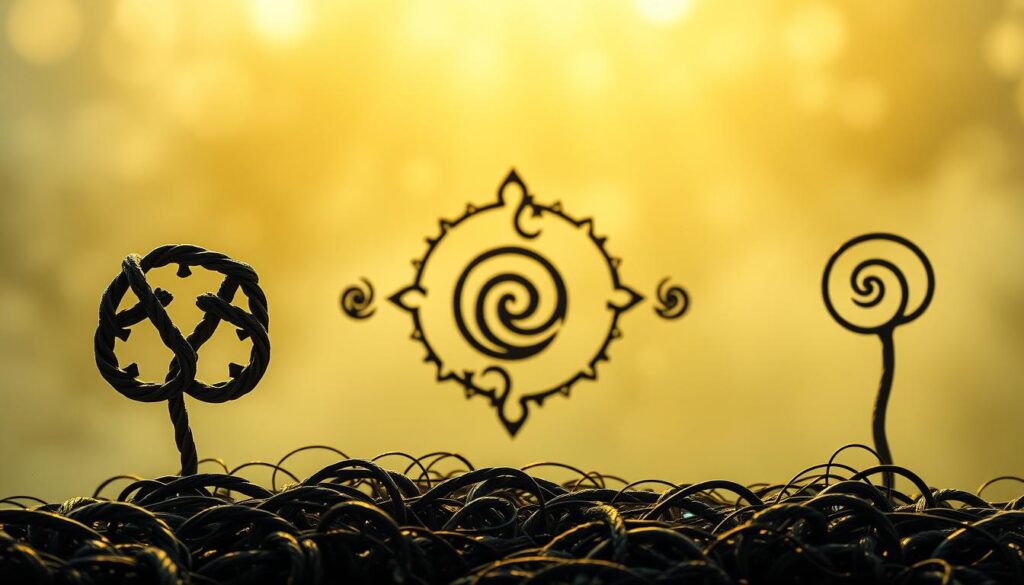 A visually striking arrangement of intricate Celtic knotwork and spiraling symbols against a softly lit, ethereal backdrop. The foreground features a harmonious interplay of braided lines and sinuous curves, evoking the mystic symbolism of ancient Celtic art. In the middle ground, stylized spiral motifs radiate outward, their swirling patterns hinting at the cyclical nature of life. The background bathes the scene in a warm, golden glow, creating an atmosphere of timeless wisdom and spiritual contemplation. Captured with a wide-angle lens to showcase the grand, immersive scale of this Celtic-inspired composition.