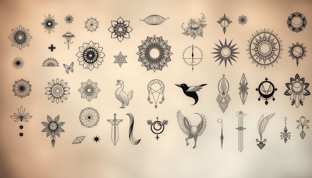 A visually striking array of intricate, hand-drawn aesthetic tattoo designs floating in a softly diffused, ethereal light. The foreground features delicate floral motifs, mandala patterns, and minimalist line art, arranged in a harmonious, gallery-like display. The middle ground showcases more detailed, stylized imagery, such as animal silhouettes, celestial symbols, and abstract shapes, all executed with a masterful blend of realism and stylization. The background maintains a hazy, out-of-focus quality, creating a sense of depth and emphasis on the featured tattoo designs. The overall mood is one of sophistication, creativity, and artistic expression, inviting the viewer to appreciate the craftsmanship and personal significance of these aesthetic tattoos.