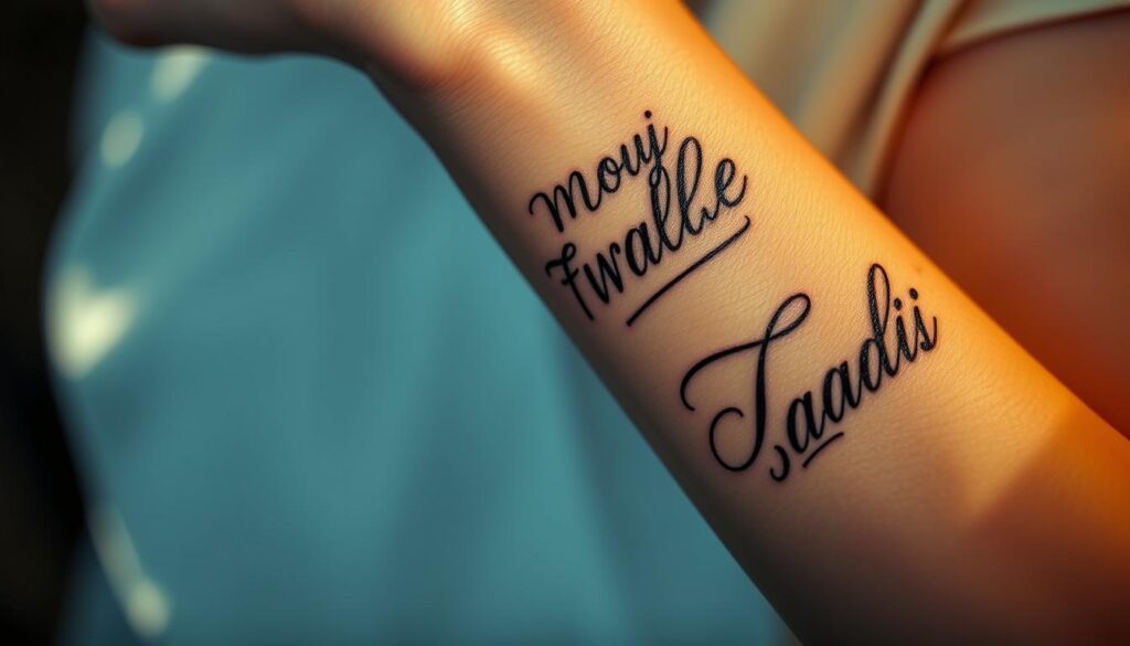 A visually striking close-up of meaningful script name tattoos adorning the inner forearm of a woman's hand. The tattoos are rendered in elegant, calligraphic-style scripts, some in cursive and others in bold, stylized lettering. The skin has a soft, luminous quality, with subtle shadows and highlights that accentuate the intricate tattoo designs. The composition is framed by a shallow depth of field, creating a sense of intimacy and focus on the personal, meaningful nature of the tattoos. The overall mood is reflective, highlighting the significance and emotional connection these tattoos hold for the wearer.