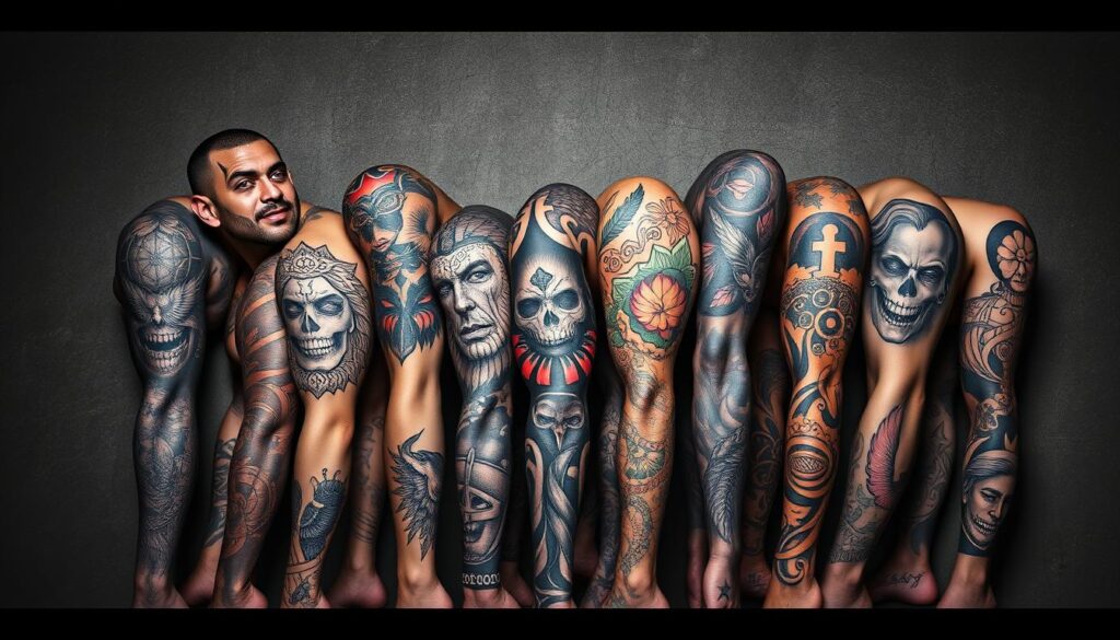 A visually striking collage of diverse tattoo styles, showcasing an eclectic mix of designs and techniques. The foreground features a captivating array of bold, intricate tattoos in various genres, including traditional, neo-traditional, realism, blackwork, and abstract elements. In the middle ground, the tattoos seamlessly blend together, creating a harmonious tapestry of ink and artistry. The background subtly suggests a textured, grungy wall or canvas, adding depth and a sense of authenticity to the overall composition. The lighting is dramatic, casting subtle shadows and highlights that accentuate the depth and dimensionality of the tattoos. The overall mood is one of artistic expression, diversity, and the celebration of the human canvas as a canvas for creative exploration.