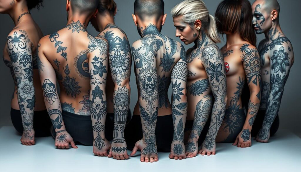 A visually striking collection of bleach tattoo designs, showcasing intricate patterns and abstract motifs on a canvas of skin. The foreground features a diverse array of bold, stylized designs, ranging from delicate floral elements to geometric shapes and tribal-inspired patterns. The middle ground highlights the diverse application of bleach tattoos, with various placements on the body, capturing the artistic and expressive nature of this unique body art form. The background subtly suggests the process, with a sense of chemical reactions and the transformation of the skin. Captured in a high-contrast, dramatic lighting setup that accentuates the textural and tonal qualities of the bleach tattoos, creating a visually captivating and visually striking representation of this distinctive tattoo style.