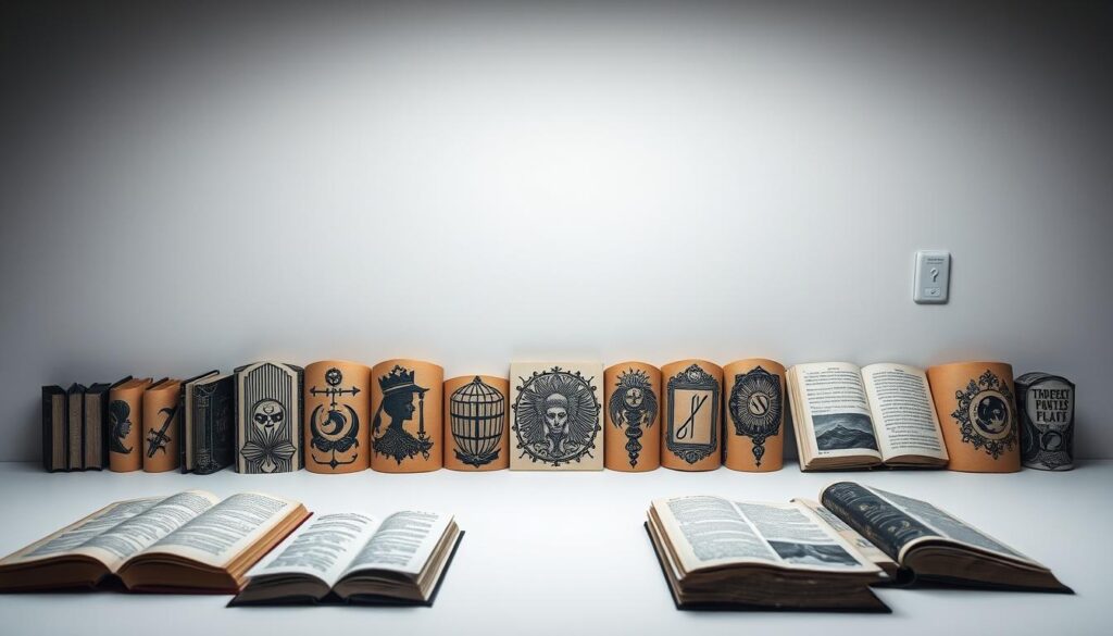 A visually striking collection of book tattoo styles, showcased against a minimalist backdrop. The foreground features a diverse array of literary-inspired designs, ranging from intricate book spines and pages to silhouetted characters and symbolic motifs. The middle ground presents a closer examination of the textures and details within each tattoo, capturing the nuances of line work, shading, and coloration. The background maintains a clean, studio-like setting, allowing the tattoos to take center stage and highlighting their artistic merits. Soft, diffused lighting enhances the depth and dimensionality of the compositions, creating a sense of balance and harmony. The overall atmosphere conveys a celebration of the written word and the profound impact books can have on our lives, immortalized through the art of tattooing.