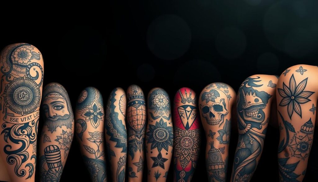 A visually striking collection of medium-sized tattoo designs, showcasing a diverse range of cultural and artistic inspirations. The foreground depicts intricate line-work and bold shading, featuring symbolic motifs, geometric patterns, and nature-inspired elements. The middle ground presents a harmonious blend of traditional and contemporary tattoo styles, with a focus on balanced composition and harmonious color palettes. The background sets a moody, atmospheric tone, with dramatic lighting and subtle textures that enhance the artistic quality of the piece. The overall image conveys a sense of elegance, sophistication, and a deep appreciation for the cultural and creative richness of medium tattoo art.
