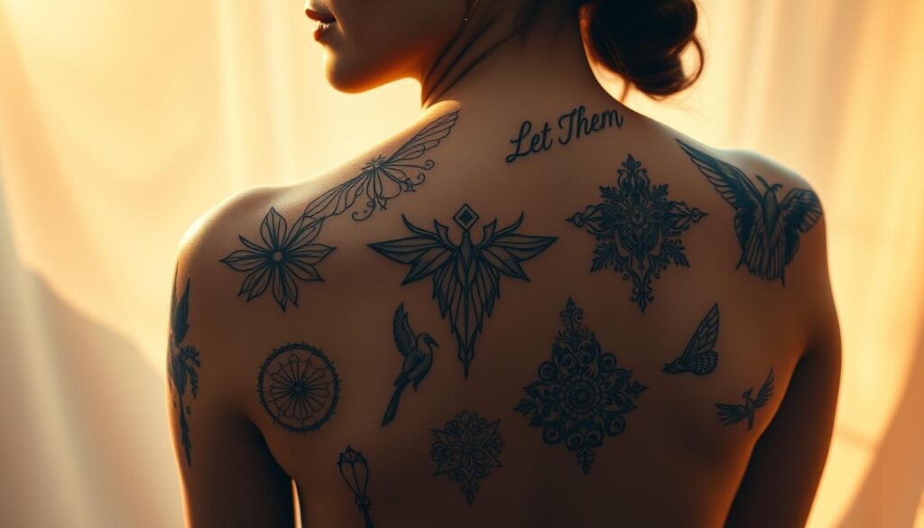 A visually striking composition featuring an arrangement of intricate "Let Them" tattoo designs, showcased against a softly blurred, ethereal background. The tattoos, rendered with exquisite detail and precision, draw the viewer's eye, each design a unique expression of personal significance. Warm, natural lighting casts a gentle glow, evoking a sense of contemplation and self-reflection. The layout is balanced and harmonious, inviting the viewer to appreciate the symbiotic relationship between the tattoos and the canvas of the human form. An atmosphere of quiet elegance and artistic celebration of self-expression permeates the scene.
