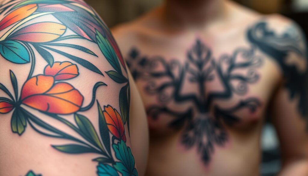 A visually striking contrast between the vibrant, colorful palette of an aesthetic tattoo and the bold, unwavering presence of a black ink design. In the foreground, a close-up view showcases the intricate linework and subtle gradients of a vibrant, nature-inspired tattoo, its hues shifting and blending seamlessly. In the middle ground, a complementary black ink tattoo stands in stark contrast, its sharp lines and solid forms commanding attention. The background is softly blurred, allowing the tattoos to take center stage and highlighting the unique qualities of each style. The lighting is soft and diffused, casting gentle shadows that accentuate the depth and dimension of the designs. The overall mood is one of artistic elegance, inviting the viewer to appreciate the beauty and artistry of both aesthetic and black ink tattoos.
