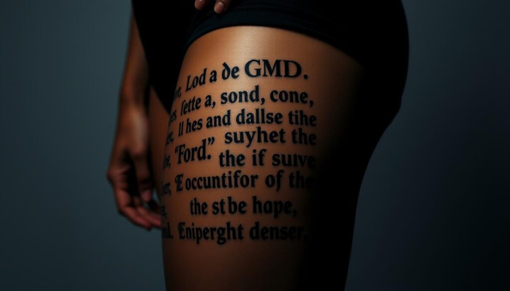 A visually striking, minimalist image showcasing powerful word tattoo designs. In the foreground, a close-up view of intricate, ornate lettering in a serif font, with each word conveying a deep, meaningful message. The middle ground features a well-toned, muscular thigh as the canvas, the skin's texture and shadows adding depth and realism. The background is a soft, muted gradient, allowing the tattoo design to be the focal point, radiating an aura of thoughtfulness and personal significance. Dramatic, moody lighting casts dramatic shadows, emphasizing the powerful, impactful nature of the chosen words. The overall composition strikes a balance between the artistic expression of the tattoo and the human form it adorns.