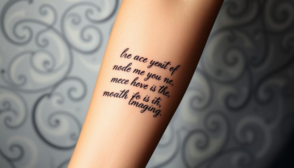 A visually striking quote tattoo, elegantly rendered in cursive script against a backdrop of ethereal, swirling patterns. The words are etched in a delicate, calligraphic style, their meaning and emotional resonance radiating outward. The tattoo is positioned on a lithe, graceful forearm, the skin's natural texture adding depth and character to the design. Soft, diffused lighting illuminates the tattoo, casting subtle shadows that accentuate the intricate linework. The overall composition conveys a sense of introspection, inspiration, and the power of words to move and transform the human spirit.