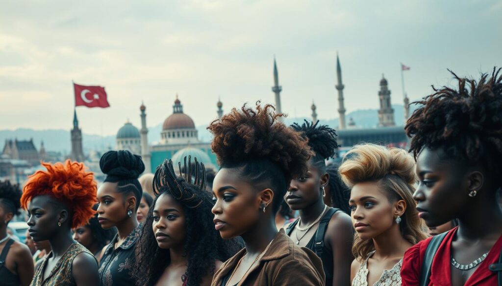 A visually striking scene depicting the cultural impact of hairstyles. In the foreground, a diverse group of individuals showcase a range of bold, expressive hairstyles that reflect their unique identities and personal expressions. In the middle ground, a backdrop of urban landscapes, historical landmarks, and cultural symbols serves to contextualize the significance of these hairstyles within a broader societal and historical framework. Soft, diffused lighting illuminates the scene, creating a sense of depth and atmosphere. The overall composition conveys the powerful ways in which hairstyles can serve as powerful vehicles for self-representation, social commentary, and cultural identity. A visually striking scene depicting the cultural impact of hairstyles. In the foreground, a diverse group of individuals showcase a range of bold, expressive hairstyles that reflect their unique identities and personal expressions. In the middle ground, a backdrop of urban landscapes, historical landmarks, and cultural symbols serves to contextualize the significance of these hairstyles within a broader societal and historical framework. Soft, diffused lighting illuminates the scene, creating a sense of depth and atmosphere. The overall composition conveys the powerful ways in which hairstyles can serve as powerful vehicles for self-representation, social commentary, and cultural identity.
