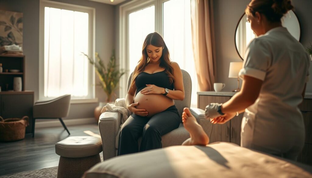 A visually striking scene of a pregnant woman receiving a pedicure in a well-appointed, serene nail salon. The woman sits comfortably in a plush chair, her rounded belly gently supported. Soft, diffused natural light filters in through large windows, casting a warm, soothing glow. The salon's decor features muted tones and organic textures, creating a calming, spa-like ambiance. The technician, dressed in a crisp, professional uniform, tenderly attends to the woman's feet with utmost care and attention. The overall atmosphere conveys a sense of safety, relaxation, and the prioritization of the pregnant client's wellbeing.
