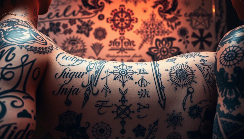 A visually striking scene of intricate script and imagery tattoo designs, masterfully integrated to create a captivating display. The foreground features detailed calligraphic flourishes, each stroke deliberate and expressive, seamlessly blending with a complementary array of symbolic imagery - delicate floral motifs, celestial patterns, and abstract geometric elements. The middle ground showcases the harmonious interplay of these textual and visual elements, creating a mesmerizing, balanced composition. The background is bathed in a warm, ethereal light, casting a soft, contemplative mood over the entire scene. Captured with a shallow depth of field, the tattoo designs emerge as the central focus, showcasing the artistry and skill of the tattoo artist.