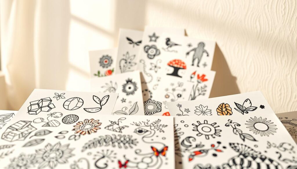 A visually striking set of custom temporary tattoo designs, showcasing intricate patterns, vibrant colors, and imaginative motifs. In the foreground, a bold array of temporary tattoos with detailed linework, ranging from geometric shapes to nature-inspired elements and abstract flourishes. The middle ground features a selection of temporary tattoos in a variety of sizes, playfully arranged to create a dynamic composition. In the background, a softly blurred, minimalist backdrop provides a clean, elegant setting, allowing the temporary tattoo designs to take center stage. The overall scene is illuminated by a warm, natural light, casting subtle shadows and highlights that accentuate the textures and depth of the temporary tattoos. The mood is one of creativity, personalization, and a touch of whimsy, perfectly suited for the "Advanced Techniques and Customization Ideas" section of the article.