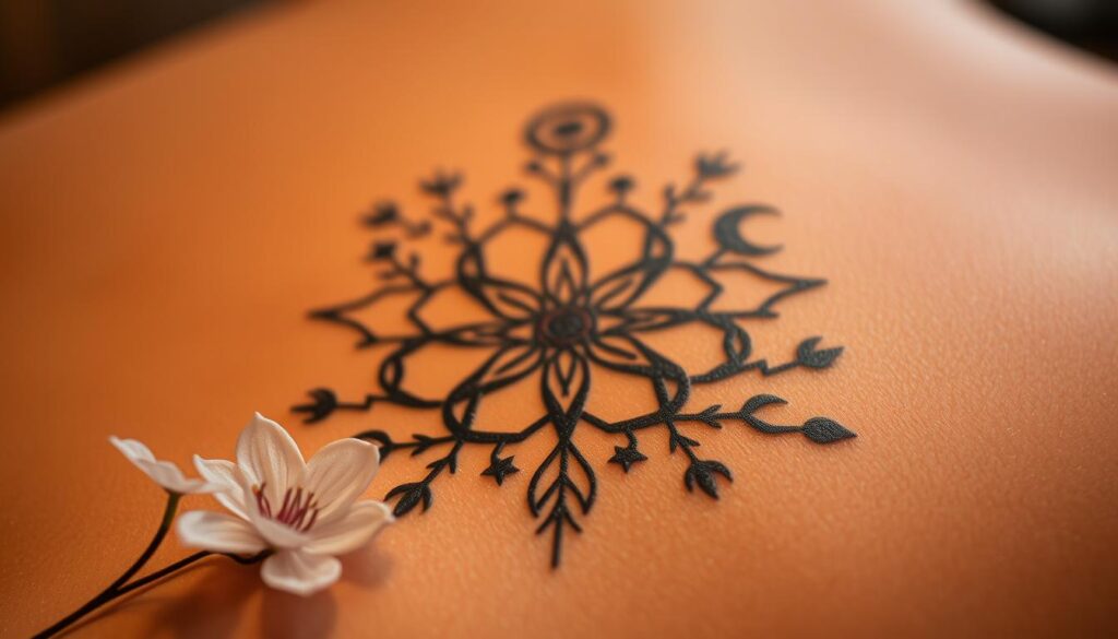 A visually striking symbolic tattoo design, showcasing a thoughtful arrangement of mystical, nature-inspired elements. In the foreground, a delicate floral motif, petals unfurling in a soft, ethereal glow. In the middle ground, intertwining branches and vines, hinting at the interconnectedness of life. In the background, a celestial backdrop of glimmering stars and crescent moons, lending an air of cosmic transcendence. The lighting is warm and ambient, creating a contemplative, almost spiritual atmosphere. The lens captures the design in a close-up, high-detail perspective, inviting the viewer to appreciate the intricate symbolism and craftsmanship.
