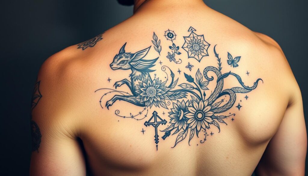 A visually striking tattoo design, featuring a blend of intricate linework, symbolic imagery, and a harmonious color palette. The foreground showcases a captivating central motif, perhaps a stylized animal or mythological creature, its form interwoven with delicate floral elements and geometric patterns. The middle ground incorporates more abstract, symbolic shapes and motifs, conveying a sense of depth and visual interest. The background features a muted, atmospheric gradient, allowing the tattoo design to stand out with a sense of balance and refinement. The overall composition is enhanced by carefully considered lighting, casting subtle shadows and highlights to accentuate the tattoo's depth and texture. The result is a visually compelling tattoo design that seamlessly combines art and symbolism.