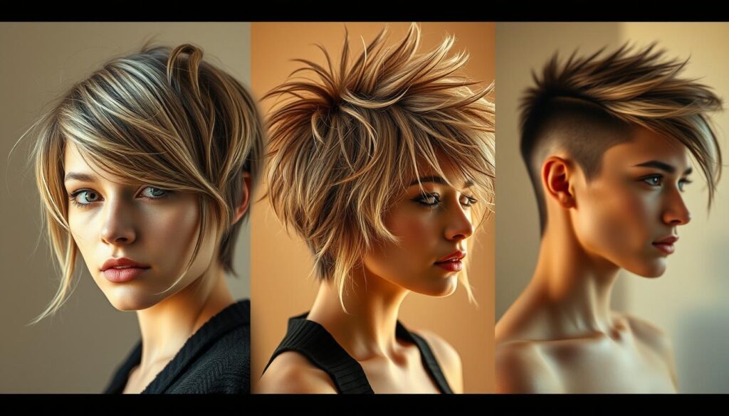 A visually stunning collage of various wolf cut hairstyles, captured in an ethereal, high-resolution photoshoot. In the foreground, a model showcases a layered, textured wolf cut with soft, wispy bangs and delicate, face-framing tendrils. In the middle ground, another model sports a more voluminous, shaggy wolf cut with dynamic, multi-tonal strands cascading over the shoulders. The background features a third model flaunting a sleek, angular wolf cut with sharply defined layers and a modern, edgy flair. Warm, diffused lighting bathes the scene, creating a dreamy, atmospheric ambiance. Captured with a high-quality mirrorless camera and a prime portrait lens, this image celebrates the diverse, transformative nature of the wolf cut hairstyle.
