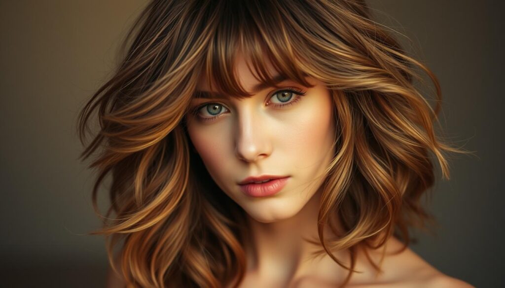 A voluminous, layered wolf cut hairstyle with soft, wispy bangs framing a serene, porcelain-skinned woman's face. The locks cascade in lush, textured waves, creating an artful, wind-swept impression. The lighting is soft and diffused, casting a warm, golden glow that accentuates the model's delicate features. The camera angle is slightly elevated, capturing the hairstyle from a flattering, three-quarter view. The background is a blurred, minimalist setting, allowing the striking haircut to take center stage. The overall mood is one of effortless beauty and understated elegance.