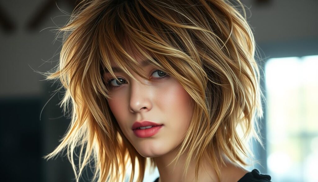 A voluminous, textured shag haircut cascading down the model's shoulders, with wispy, feathered layers framing the face. The lighting is soft and flattering, creating depth and dimension in the hair. The model's expression is relaxed and natural, embodying the effortless, casual vibe of the shaggy style. The background is slightly blurred, keeping the focus on the intricate, layered hairstyle. The overall image conveys the trendy, modern appeal of the shaggy look, perfectly capturing the essence of the "What is a Shaggy Haircut?" section. A voluminous, textured shag haircut cascading down the model's shoulders, with wispy, feathered layers framing the face. The lighting is soft and flattering, creating depth and dimension in the hair. The model's expression is relaxed and natural, embodying the effortless, casual vibe of the shaggy style. The background is slightly blurred, keeping the focus on the intricate, layered hairstyle. The overall image conveys the trendy, modern appeal of the shaggy look, perfectly capturing the essence of the "What is a Shaggy Haircut?" section.