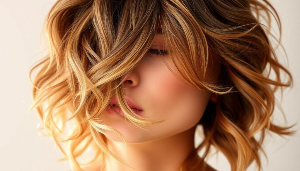 A voluminous, textured wolf cut hairstyle with natural waves cascading softly over the shoulders. The model is positioned in a relaxed, three-quarter view, showcasing the layers and movement of the hair. Warm, natural lighting from the side accentuates the delicate waves and creates a soft, ethereal atmosphere. The focus is on the intricate styling and the way the wavy strands frame the face, conveying a trendy, effortless vibe. The background is minimalist and unobtrusive, allowing the hairstyle to be the central focus of the image.