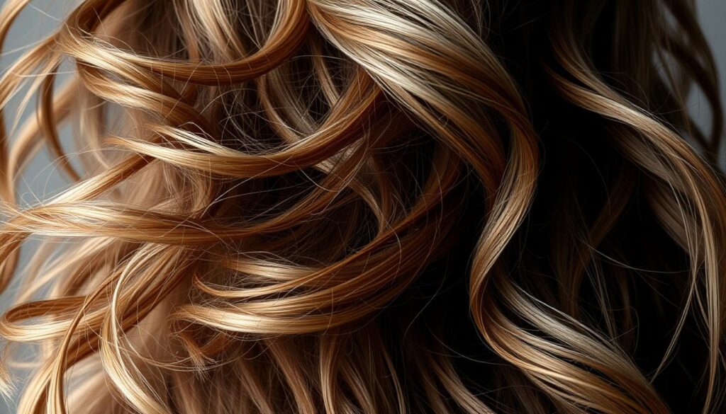 A voluminous, wavy hair texture cascading down the model's shoulders, capturing the essence of the wild and untamed wolf haircut. The hair strands flow with a natural, organic movement, illuminated by soft, diffused lighting that accentuates the lush, dynamic waves. The focus is on the hair's texture, with a medium close-up angle that allows the viewer to appreciate the intricate details and movement of the tresses. The overall mood is one of effortless style and a touch of untamed elegance, perfectly suited for the "Stylish Wolf Haircut for Long Hair" article.