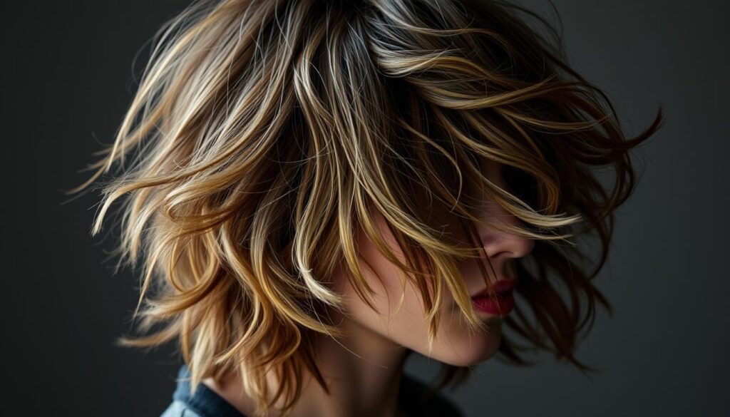 A voluminous, wavy hairstyle with natural, dynamic movement. The "wolf cut" features shaggy, textured layers that create an effortless, windswept appearance. Lit by soft, diffused natural light from the side, accentuating the dimensional structure and individual strands. Captured at a slight angle to highlight the flowing, undulating waves that frame the face. A moody, atmospheric setting evokes a sense of carefree, youthful style.