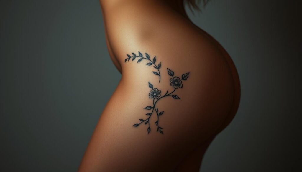 A voluptuous female figure in an alluring pose, her toned thighs adorned with delicate floral tattoos that wind sensually around her legs. Soft, diffused lighting casts a romantic glow, accentuating the curves and shadows of her body. The background is a serene, muted palette, allowing the tattoos to be the focal point. The angle captures a tasteful, intimate perspective that exudes a sense of grace and femininity, inviting the viewer to appreciate the beauty and artistry of this bodily canvas.