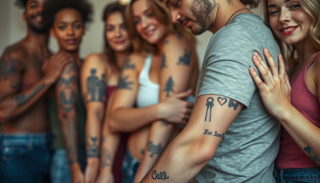 A warm and intimate scene of family and relationship-themed tattoos adorning the skin of a group of diverse individuals. The foreground features intricate, symbolic designs such as interlocking rings, heart motifs, and family silhouettes artfully inked onto the arms, wrists, and torso of the subjects. The middle ground showcases the subjects in a natural, relaxed pose, their expressions conveying a sense of connection and personal significance. The background is softly lit, creating a soothing, atmospheric environment that enhances the emotional resonance of the tattoos. The overall composition emphasizes the deep, meaningful bonds between the individuals and the personal stories behind their chosen body art.