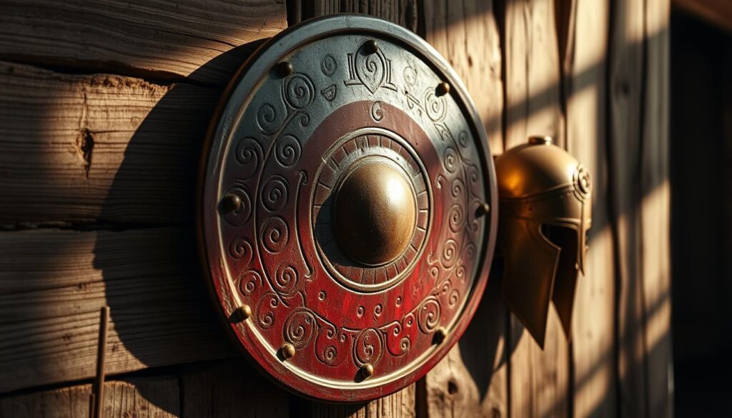 A weathered Spartan shield bearing the iconic lambda symbol, its surface etched with intricate tattoo designs - spirals, geometric patterns, and iconic warrior imagery. The shield is mounted on a rustic wooden wall, casting dramatic shadows in the soft, filtered light. In the background, a glimpse of a Spartan helmet, its polished bronze gleaming, conveying the stoic, unwavering spirit of the ancient Spartan warriors. The overall scene evokes a sense of history, strength, and the enduring legacy of Sparta's martial culture.