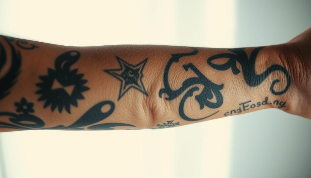 A weathered forearm with intricate tattoos that have faded and distorted over time. The ink has blurred and blended, creating a hazy, aged appearance. The skin is slightly wrinkled, with visible signs of sun damage and wear. The tattoos appear to be a mix of traditional and modern designs, hinting at a lifetime of experiences. The lighting is soft and diffused, casting subtle shadows that accentuate the imperfections of the aged skin. The overall mood is one of nostalgia and the passage of time, reflecting the common signs of tattoos that have endured the test of time.