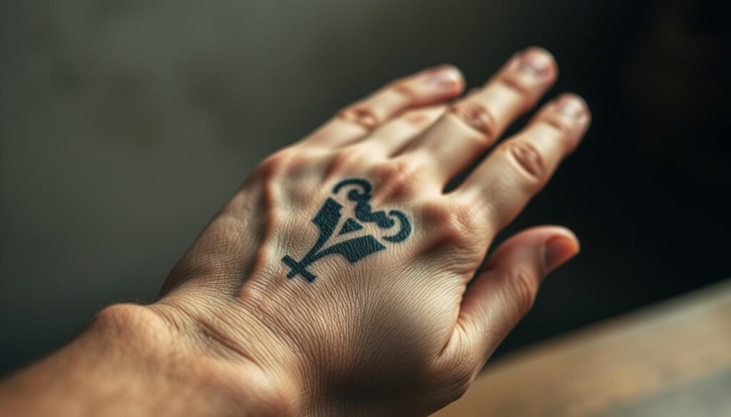 A weathered hand with a fading tattoo, the once vibrant design now softened and blurred by time. The skin appears slightly worn, with subtle creases and age spots, creating a sense of the passage of time. The tattoo, once sharp and defined, has gradually faded, leaving behind a ghost-like impression, a reminder of the impermanence of body art. The lighting is soft and diffused, casting a warm, nostalgic glow on the scene, evoking a sense of the personal history and experiences embodied in the fading ink. The composition places the hand in the foreground, drawing the viewer's attention to the subtle details and the story they tell.