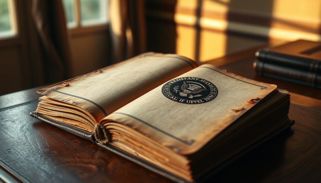 A weathered, leather-bound book rests on a mahogany desk, its pages opened to reveal an intricate presidential seal. Soft, warm lighting casts a glow across the scene, highlighting the subtle textures of the antique tome. In the background, a shadowy, presidential silhouette emerges, hinting at the rich history and hidden stories contained within the "presidential ink." The composition is balanced, with a sense of timeless elegance and quiet contemplation.