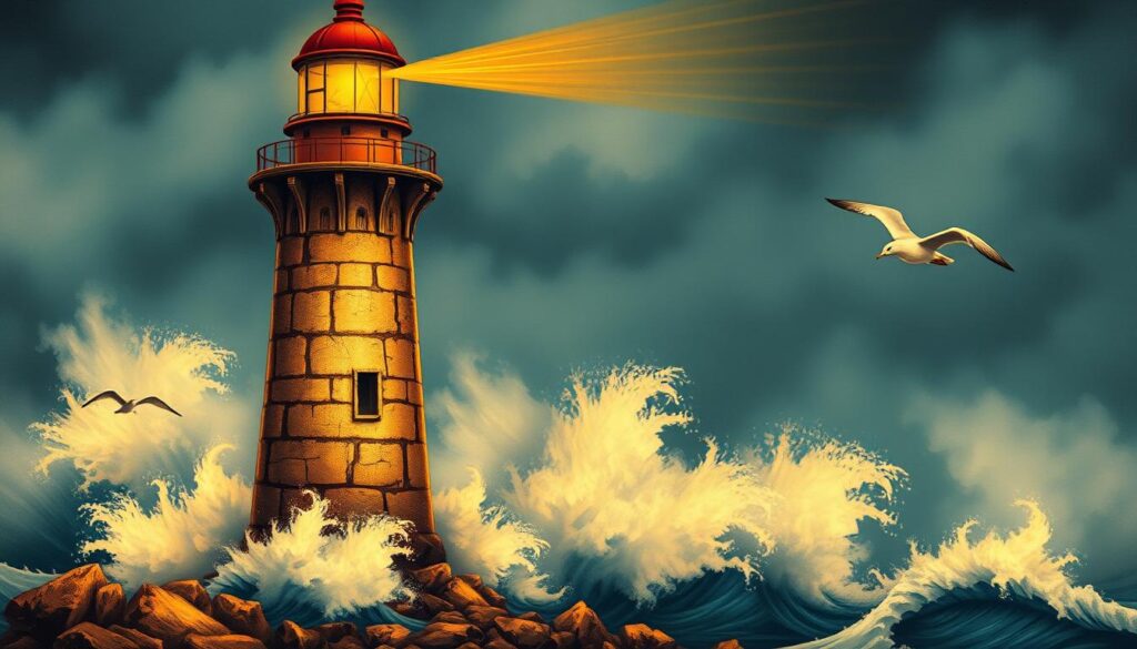 A weathered lighthouse standing tall against a stormy seascape, its beam cutting through the mist and waves. The intricate tattoo design features the lighthouse's rugged stone facade, accentuated by swirling ocean currents and seabirds in flight. Warm amber lighting illuminates the scene, casting dramatic shadows and highlights that capture the lighthouse's unwavering resilience. The overall composition evokes a sense of maritime heritage, adventure, and the enduring human spirit in the face of nature's power.