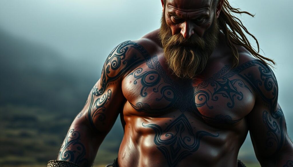 A weathered, muscular Viking stands tall, their body adorned with intricate carvings and piercings. Intricate patterns of swirling lines and geometric shapes are etched into their skin, reflecting the ancient traditions and rituals of their Norse heritage. The low, dramatic lighting casts shadows that accentuate the rugged features and the piercing gaze of the subject, conveying a sense of power and mystery. The background is a moody, mist-shrouded landscape, hinting at the harsh yet beautiful environment in which these Norse warriors lived. The overall impression is one of a people deeply connected to their land and customs, their bodies serving as canvases for their cultural identity.