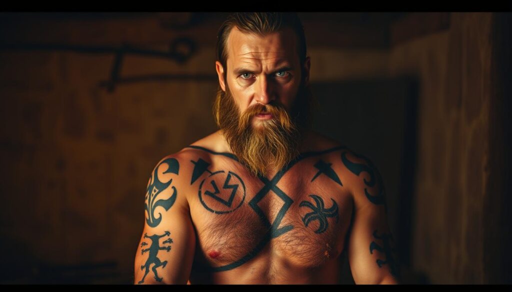 A weathered, rugged Viking man in a dimly lit, earthy-toned interior, his skin adorned with intricate, symbolic tattoos across his arms and torso. The tattoos feature bold, angular designs evocative of Nordic mythology and culture. Dramatic shadows and warm, muted lighting create an atmospheric, documentary-style feel, capturing the essence of this ancient practice. The man's expression is stoic, his gaze intense, reflecting the significance and ritual nature of the tattooing process. The scene conveys a sense of historical authenticity and anthropological discovery, hinting at the limitations of archaeological evidence surrounding this elusive aspect of Viking life.