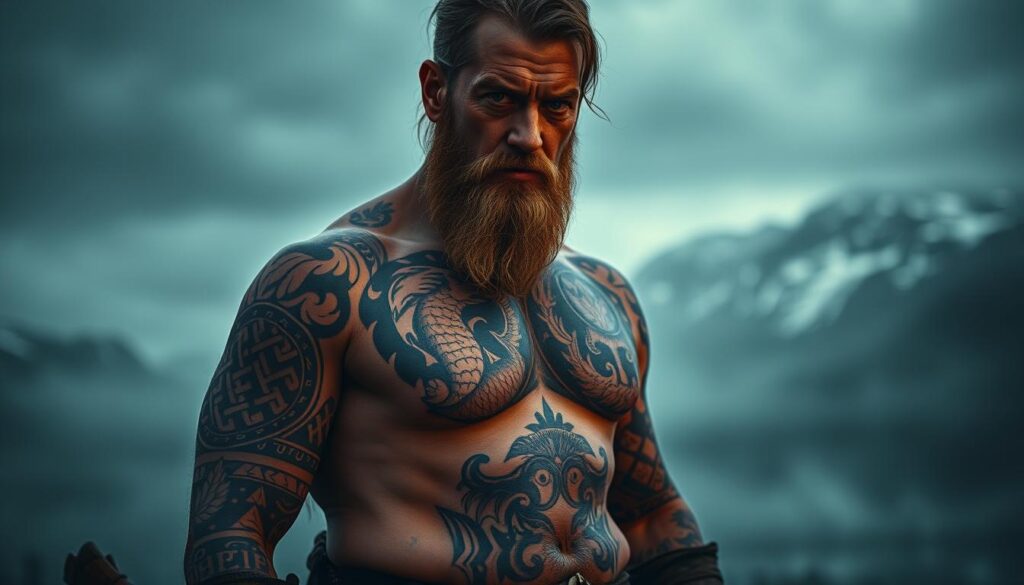 A weathered, rugged Viking warrior stands proud, their body adorned with intricate tattoos that tell the story of their storied past. In the foreground, detailed designs of interlocking patterns, Nordic runes, and mythical beasts cover their arms, chest, and face, capturing the rich cultural symbolism of body art in Viking society. The middle ground reveals a dimly lit, mist-shrouded fjord landscape, with snow-capped mountains in the distance casting an ethereal glow. The lighting is moody and atmospheric, creating a sense of reverence and mystery surrounding the Viking's tattooed form. The camera angle is slightly low, emphasizing the warrior's imposing presence and the gravity of their cultural traditions.