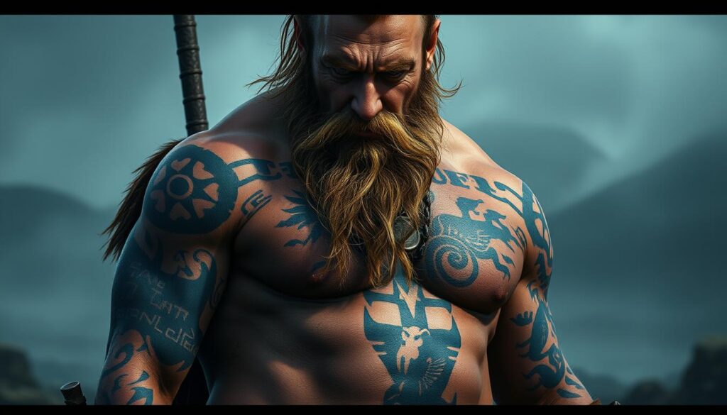 A weathered, rugged Viking warrior stands tall, their skin adorned with intricate tattoos that tell a story of their epic journeys and battles. The tattoos, etched in shades of deep blue and earthy tones, feature bold geometric patterns, runes, and mythical creatures that reflect the Viking's connection to their Norse heritage. The lighting is dramatic, casting shadows that accentuate the contours of the warrior's muscular physique, creating a sense of power and resilience. The background is a moody, mist-shrouded landscape, hinting at the harsh and unforgiving environments the Vikings navigated. The overall atmosphere evokes a sense of historical authenticity and the enduring legacy of this warrior culture.