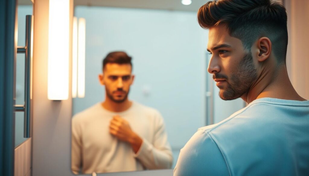 A well-groomed gentleman standing in a modern, well-lit bathroom, examining his stylish, neatly trimmed haircut in the mirror. The image showcases the importance of selecting the right haircut, with a focus on the details that can elevate a man's overall appearance. The lighting is soft and flattering, creating a warm, inviting atmosphere. The background features sleek, minimalist fixtures and a clean, tiled wall, drawing attention to the subject's grooming routine. The model's expression conveys confidence and self-assurance, highlighting the transformative power of a well-chosen hairstyle. A well-groomed gentleman standing in a modern, well-lit bathroom, examining his stylish, neatly trimmed haircut in the mirror. The image showcases the importance of selecting the right haircut, with a focus on the details that can elevate a man's overall appearance. The lighting is soft and flattering, creating a warm, inviting atmosphere. The background features sleek, minimalist fixtures and a clean, tiled wall, drawing attention to the subject's grooming routine. The model's expression conveys confidence and self-assurance, highlighting the transformative power of a well-chosen hairstyle.