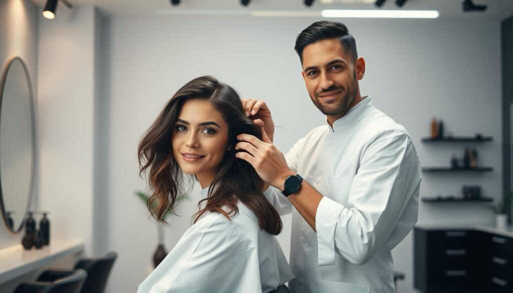 A well-groomed professional hairstylist, dressed in a crisp white smock, stands confidently in a modern, minimalist salon. Soft, diffused lighting illuminates their skilled hands as they carefully style a client's hair, their keen eye and delicate touch showcasing their expertise. The salon's sleek, minimalist decor provides a sophisticated backdrop, conveying a sense of trust and tranquility. The hairstylist's expression exudes a calming confidence, radiating their passion for their craft and their ability to transform and enhance their clients' appearances.