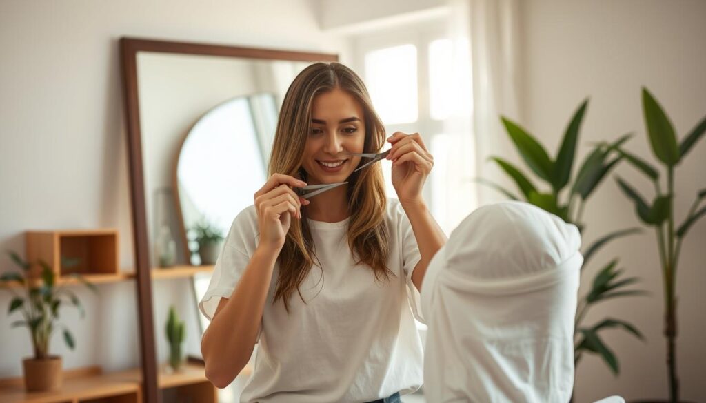 A well-lit, airy home studio setting with a woman carefully cutting her own hair in front of a large mirror. She wears a simple, white cotton top and has a focused, determined expression as she snips away with professional-looking scissors. The background features natural-toned wooden shelves and plants, creating a serene, minimalist atmosphere. Soft, diffused lighting from a large window casts a warm glow, highlighting the intricate details of her DIY haircut process. The camera angle is slightly elevated, capturing the scene from an observational, documentary-style perspective. A well-lit, airy home studio setting with a woman carefully cutting her own hair in front of a large mirror. She wears a simple, white cotton top and has a focused, determined expression as she snips away with professional-looking scissors. The background features natural-toned wooden shelves and plants, creating a serene, minimalist atmosphere. Soft, diffused lighting from a large window casts a warm glow, highlighting the intricate details of her DIY haircut process. The camera angle is slightly elevated, capturing the scene from an observational, documentary-style perspective.