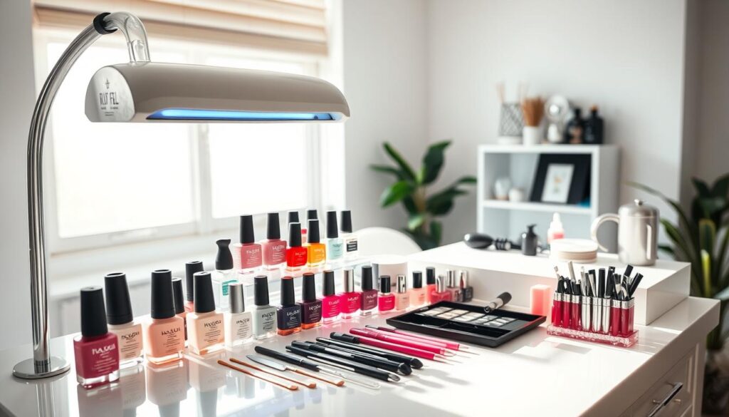 A well-lit, airy home workspace with a clean, minimalist aesthetic. On a sleek, white vanity table, an array of gel nail polish bottles, a UV/LED lamp, nail files, cuticle pushers, and other essential tools are neatly arranged. The lighting casts a warm, flattering glow, highlighting the translucent glass bottles and chrome accents. In the background, a large window allows natural daylight to flood the space, creating a serene, spa-like ambiance. The entire setup conveys a sense of order, efficiency, and a passion for DIY beauty. A well-lit, airy home workspace with a clean, minimalist aesthetic. On a sleek, white vanity table, an array of gel nail polish bottles, a UV/LED lamp, nail files, cuticle pushers, and other essential tools are neatly arranged. The lighting casts a warm, flattering glow, highlighting the translucent glass bottles and chrome accents. In the background, a large window allows natural daylight to flood the space, creating a serene, spa-like ambiance. The entire setup conveys a sense of order, efficiency, and a passion for DIY beauty.