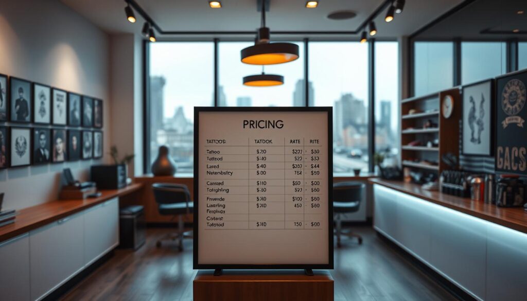 A well-lit and modern tattoo studio, showcasing its pricing display in the foreground. The studio's interior is visible through large windows, with a minimalist and sleek design featuring clean lines, subtle lighting, and an array of tattoo artwork on the walls. In the middle ground, a prominent pricing board or digital display presents a clear and organized breakdown of the studio's rates for different tattoo sizes and complexities. The background features a cityscape or urban environment, hinting at the studio's prime location and accessibility. The overall scene conveys a professional, high-quality, and customer-friendly tattoo experience.