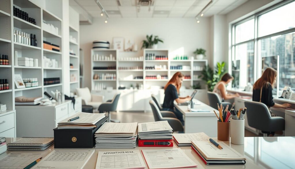 A well-lit and organized salon interior, with a reception desk in the foreground, showcasing appointment books, calendars, and other scheduling tools. In the middle ground, stylists attend to clients, carrying out manicures, pedicures, and other treatments. The background features shelves stocked with nail polish, lotions, and other salon products. Soft, natural lighting filters in through large windows, creating a warm and inviting atmosphere. The overall scene conveys the careful planning and attention to detail necessary for efficient salon scheduling and client service. A well-lit and organized salon interior, with a reception desk in the foreground, showcasing appointment books, calendars, and other scheduling tools. In the middle ground, stylists attend to clients, carrying out manicures, pedicures, and other treatments. The background features shelves stocked with nail polish, lotions, and other salon products. Soft, natural lighting filters in through large windows, creating a warm and inviting atmosphere. The overall scene conveys the careful planning and attention to detail necessary for efficient salon scheduling and client service.