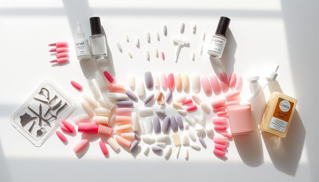 A well-lit arrangement of various press-on nail materials and adhesives, including a diverse selection of nail tips in different shapes, sizes, and colors, alongside bottles of nail glue and primers. The items are artfully displayed on a clean, minimalist white surface, casting natural shadows and creating a sense of depth and focus. The overall composition conveys a sense of professionalism and attention to detail, reflecting the importance of choosing the right press-on nail products for a long-lasting and aesthetically pleasing manicure. A well-lit arrangement of various press-on nail materials and adhesives, including a diverse selection of nail tips in different shapes, sizes, and colors, alongside bottles of nail glue and primers. The items are artfully displayed on a clean, minimalist white surface, casting natural shadows and creating a sense of depth and focus. The overall composition conveys a sense of professionalism and attention to detail, reflecting the importance of choosing the right press-on nail products for a long-lasting and aesthetically pleasing manicure.